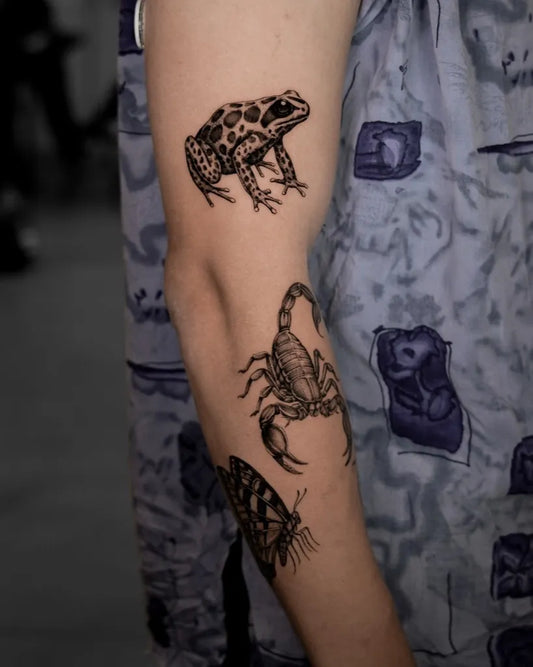 Small Black and Grey Scorpion Frog Moth on Women Arm Tattoo by @matt_hewittt