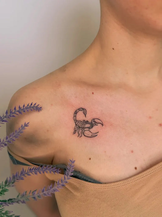 Small Black and Grey Scorpion and Lavender on Women Shoulder Tattoo by @ladyrosetattoos