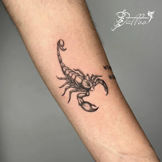 Small Black and Grey Scorpion on Men Arm Tattoo by @mamzitattoo