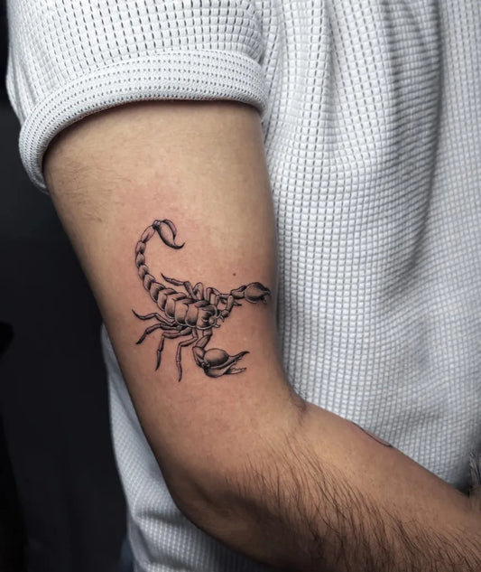Small Black and Grey Scorpion on Men Arm Tattoo by @necotattoo.x