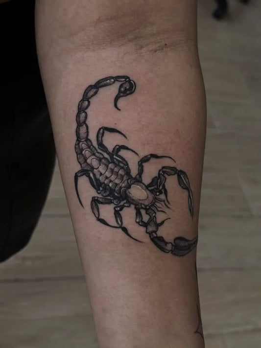 Small Black and Grey Scorpion on Men Arm Tattoo by @t.virus_lab_tattoo