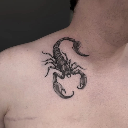Small Black and Grey Scorpion on Men Shoulder Tattoo by @ragequittattoo