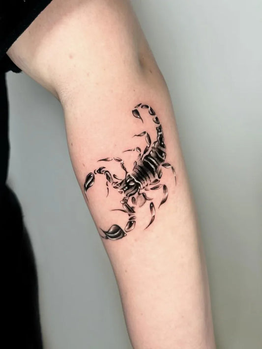 Small Black and Grey Scorpion on Women Arm Tattoo by @hazy_tattoos