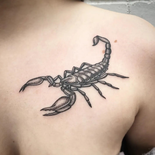 Small Black and Grey Scorpion on Women Shoulder Tattoo by @tattoos_by_harry