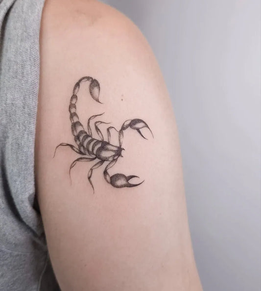 Small Black and Grey Scorpion on Women Shoulder Tattoo by @tattoosby_elise