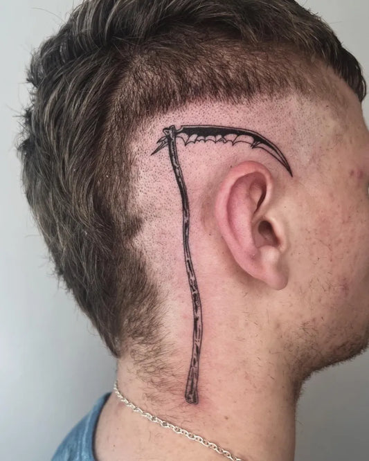 Small Black and Grey Scythe Tattoo on Men Head by @elektat
