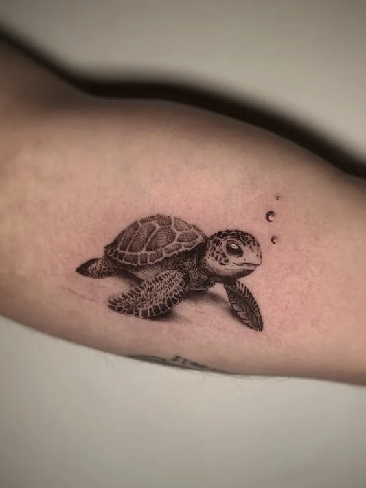 Small Black and Grey Sea Turtle Tattoo on Women Arm by @ruslan.tattooart