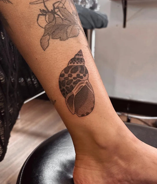Small Black and Grey Seashell Tattoo on Women Ankle by @sarahpeteh