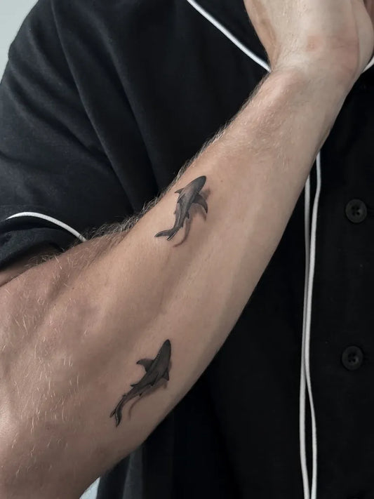 Small Black and Grey Shark on Men Arm Tattoo by @alvarob.ink