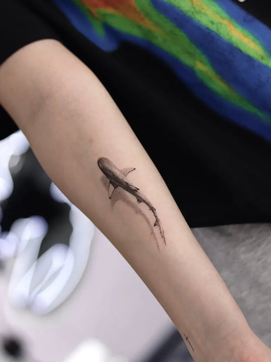 Small Black and Grey Shark on Women Arm Tattoo by @mothlilly