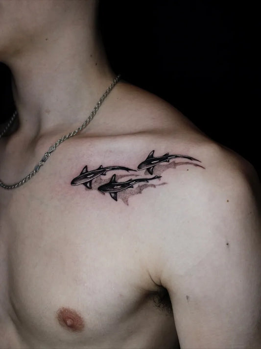 Small Black and Grey Sharks on Men Shoulder Tattoo by @inked.by.you