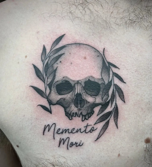 Small Black and Grey Skull Memento Mori on Men Chest Tattoo by @jd_reno1