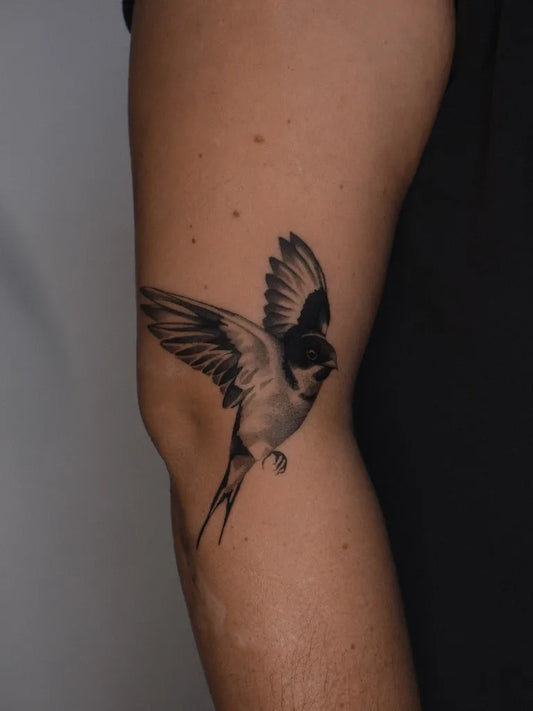 Small Black and Grey Sparrow Tattoo on Men Arm by @evatattooer