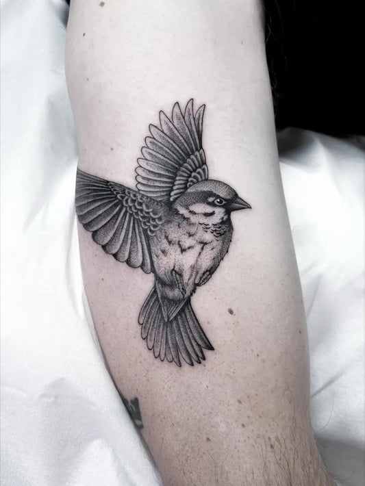 Small Black and Grey Sparrow Tattoo on Men Arm by @lukesmithtattoo