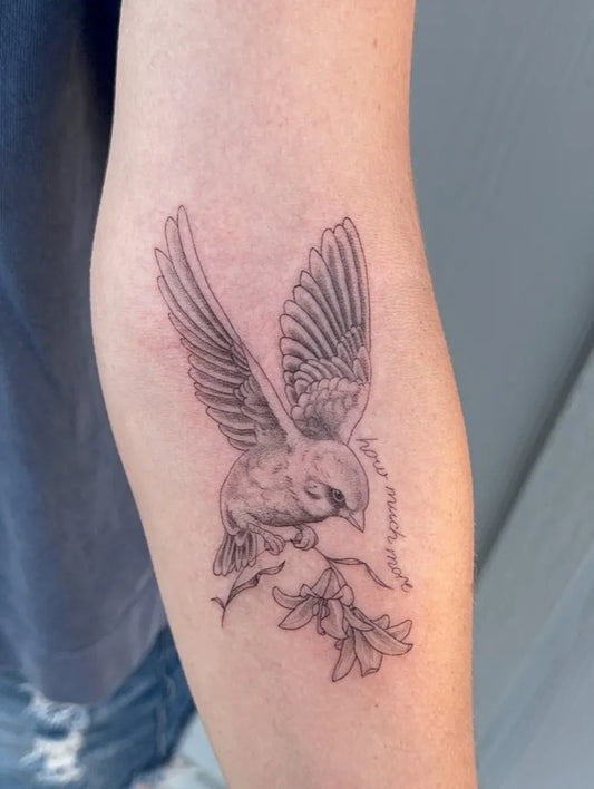 Small Black and Grey Sparrow with Branch and Flowers Tattoo on Women Arm by @helmszz