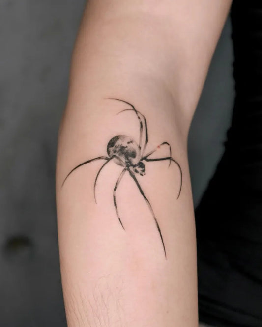 Small Black and Grey Spider on Women Arm Tattoo by @rivdttt