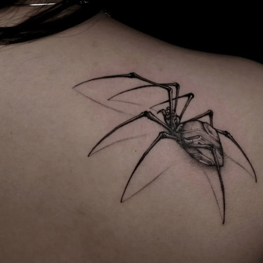Small Black and Grey Spider on Women Shoulder Tattoo by @miles19900315