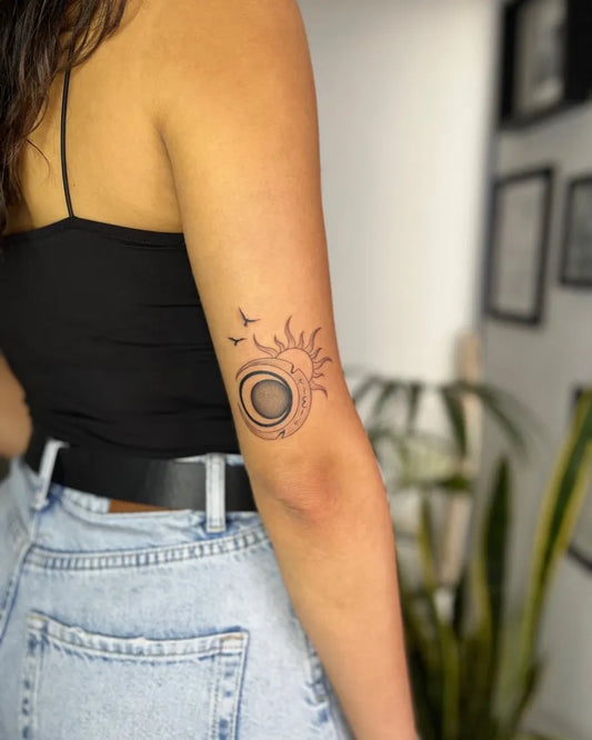 Small Black and Grey Sun Moon and Birds on Women Arm Tattoo by @fotis_tattoos