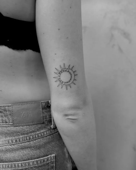 Small Black and Grey Sun and Moon on Women Arm Tattoo by @sophiastattoos