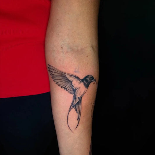 Small Black and Grey Swallow Bird Tattoo on Women Arm by @vinl55_does_tattoos