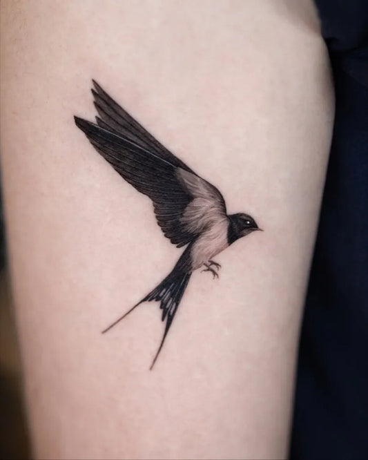 Small Black and Grey Swallow Tattoo on Women Arm by @tattooist_pen