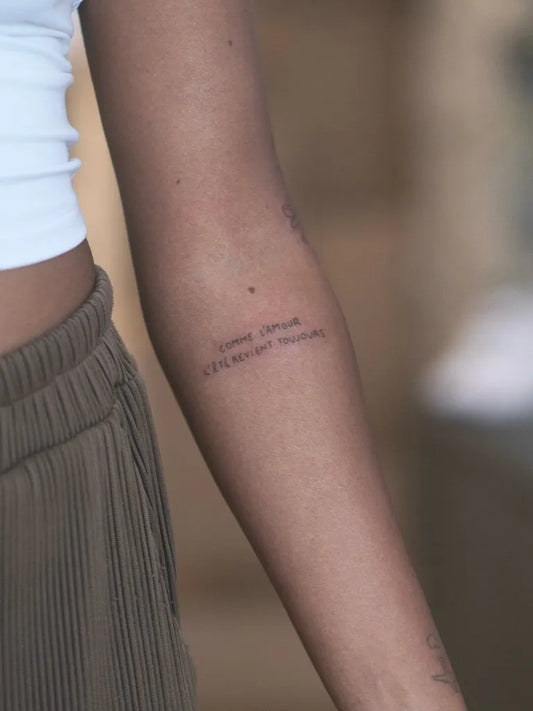 Small Black and Grey Text Quote Tattoo on Women Arm by @_seliska