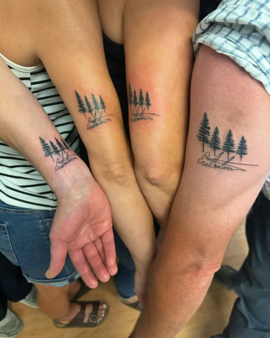 Small Black and Grey Tree Family Tattoo on Women Arm by @simplywright.tattoos