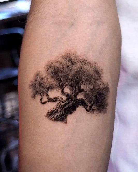 Small Black and Grey Tree Tattoo on Men Arm by @kaplanarda