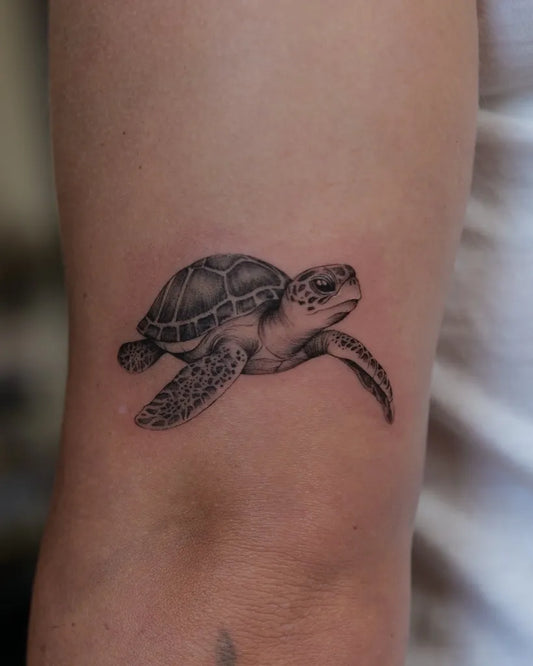 Small Black and Grey Turtle Tattoo on Women Arm by @inkbytegan