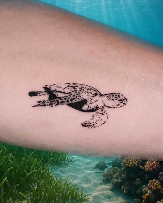 Small Black and Grey Turtle Tattoo on Women Arm by @wrightonadesign