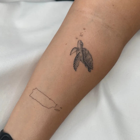 Small Black and Grey Turtle and Puerto Rico Tattoo on Women Arm by @anna.inkd