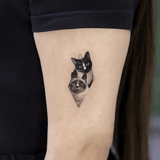 Small Black and Grey Two Cats Tattoo on Women Arm by @julianpettattoo