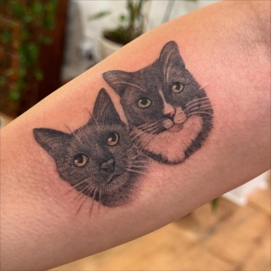 Small Black and Grey Two Cats Tattoo on Women Arm by @sevtattoos