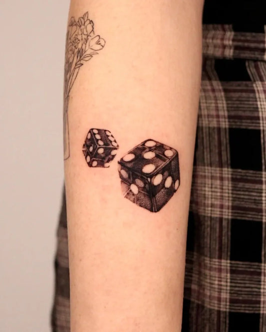 Small Black and Grey Two Dice Tattoo on Women Arm by @6o9ang