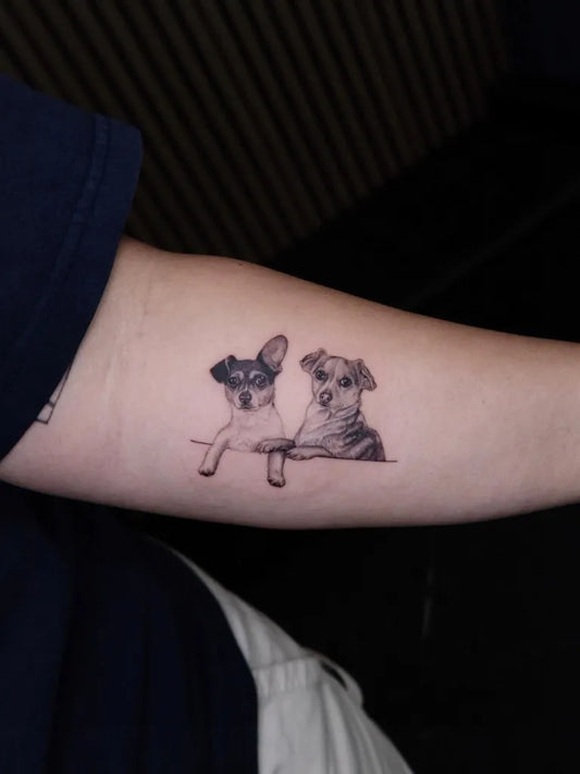 Small Black and Grey Two Dogs Tattoo on Women Arm by @inkbybae