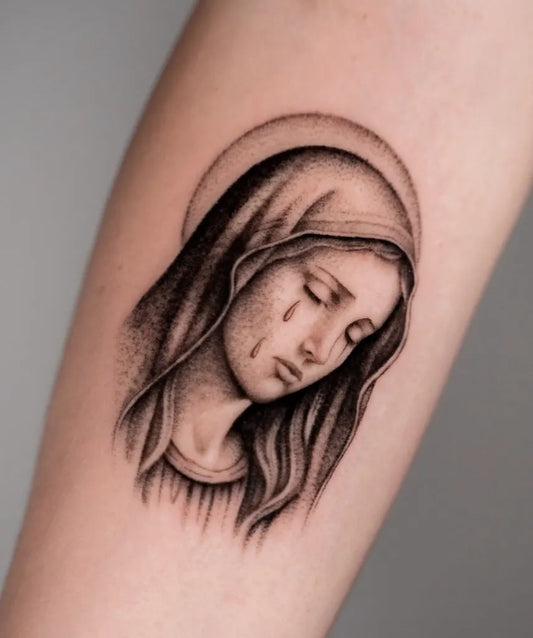 Small Black and Grey Virgin Mary Tattoo on Women Arm by @claudiaskew