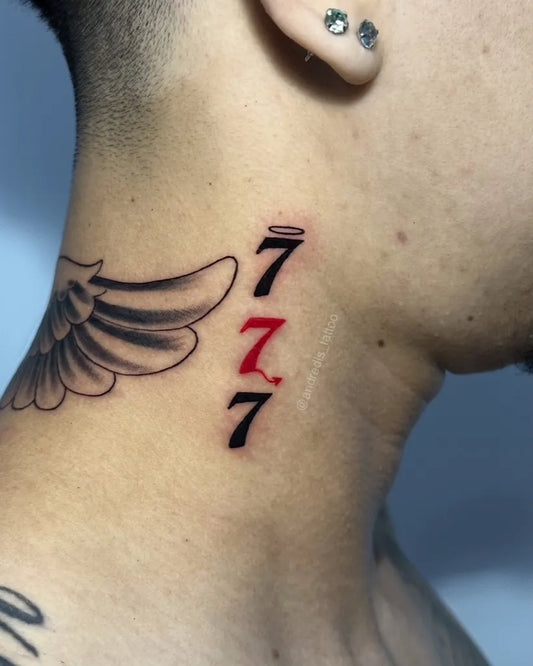 Small Black and Red 777 Wings Tattoo on Men Neck by @andredls_tattoo