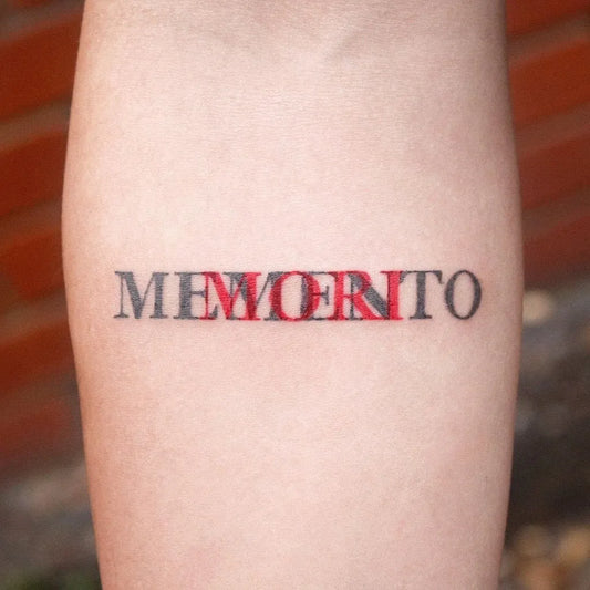 Small Black and Red Memento Mori on Women Arm Tattoo by @theartoftattooingofficial