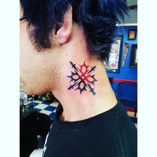Small Black and Red Spiked Star on Men Neck Tattoo by @chingutattoos