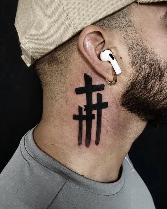 Small Blackwork 3 Cross Tattoo on Men Neck by @badtwyntattoo