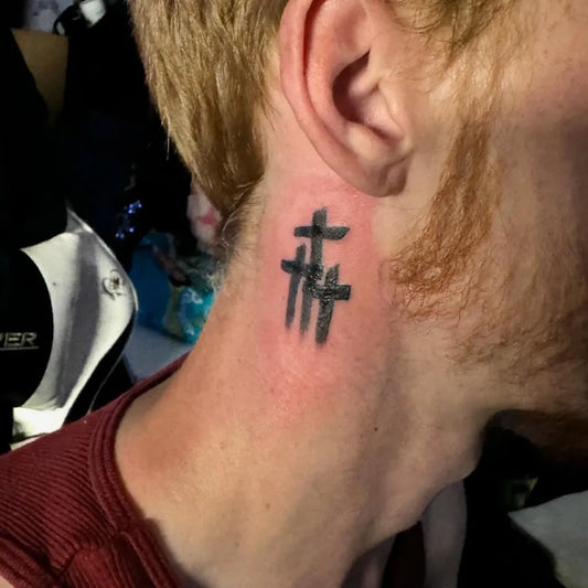 Small Blackwork 3 Crosses Tattoo on Men Neck by @tatts_by_ceecee