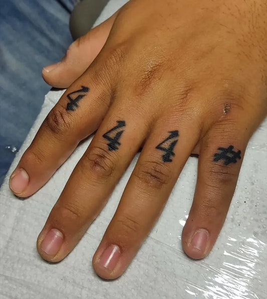 Small Blackwork 444 on Men Fingers Tattoo by @kenex_tattoo