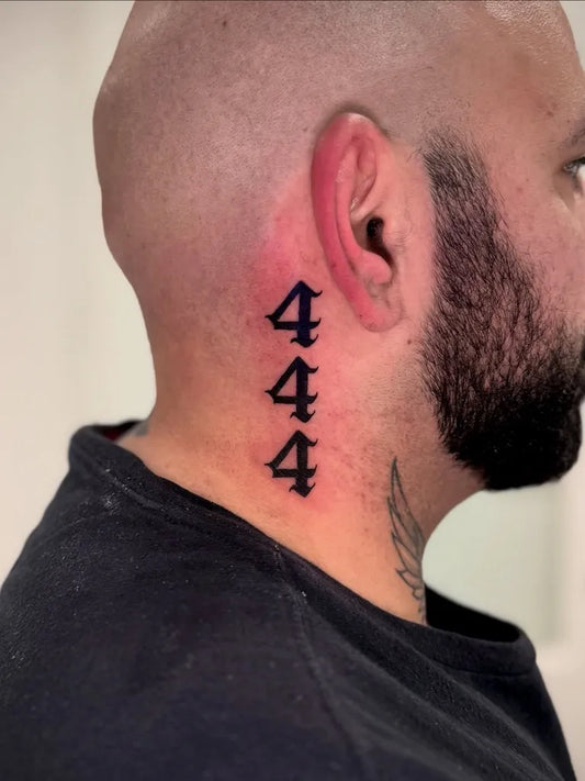 Small Blackwork 444 on Men Neck Tattoo by @maidzungpham