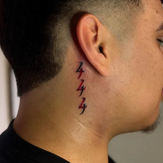 Small Blackwork 444 on Men Neck Tattoo by @vics_art_studio