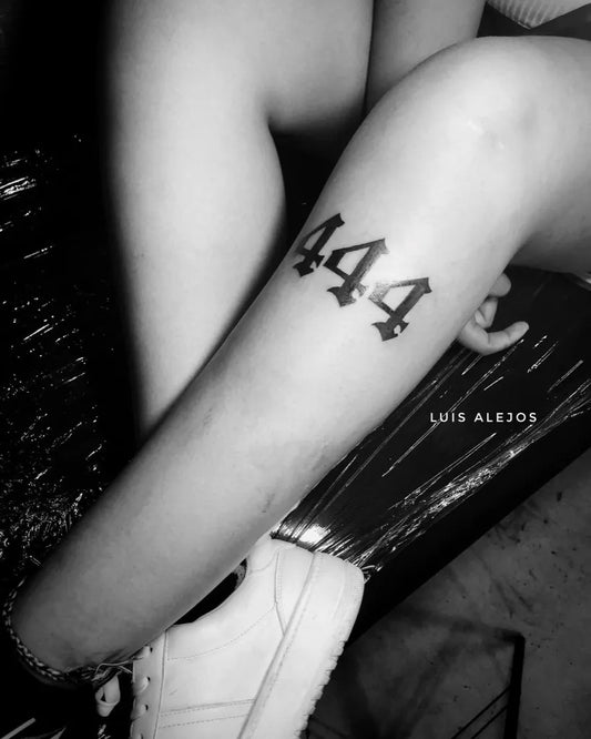 Small Blackwork 444 on Women Leg Tattoo by @luis_alejos92