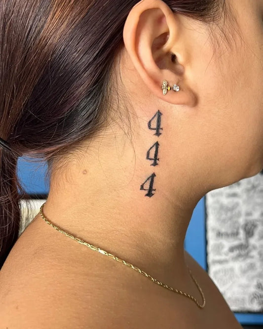 Small Blackwork 444 on Women Neck Tattoo by @mikeitornottattoos