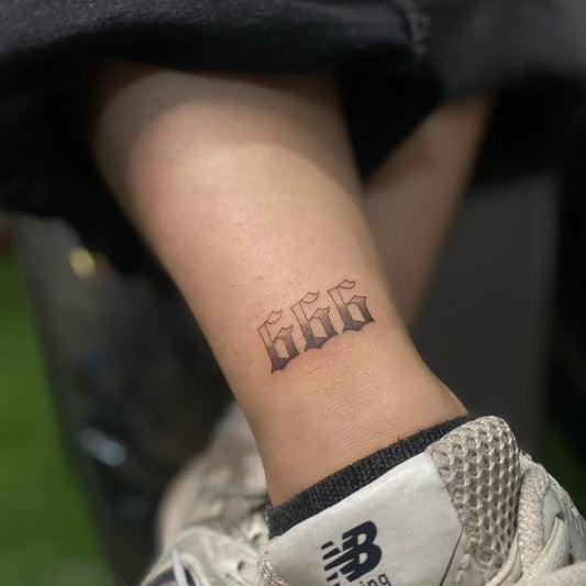 Small Blackwork 666 Tattoo on Women Leg by @fatmetattoo