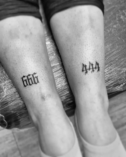 Small Blackwork 666 and 444 on Women Feet Tattoo by @ogs.lineafina