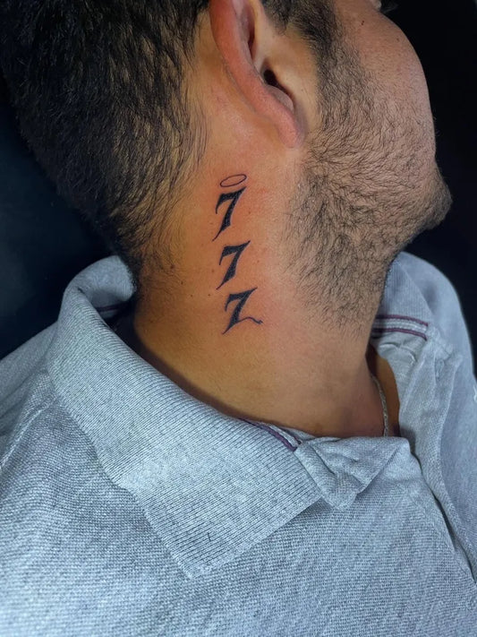 Small Blackwork 777 Tattoo on Men Neck by @camarim_vip_andressa