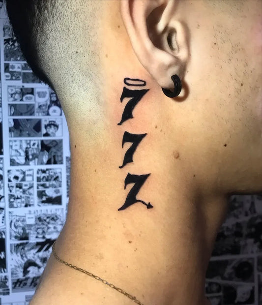 Small Blackwork 777 Tattoo on Men Neck by @eumateustattoo